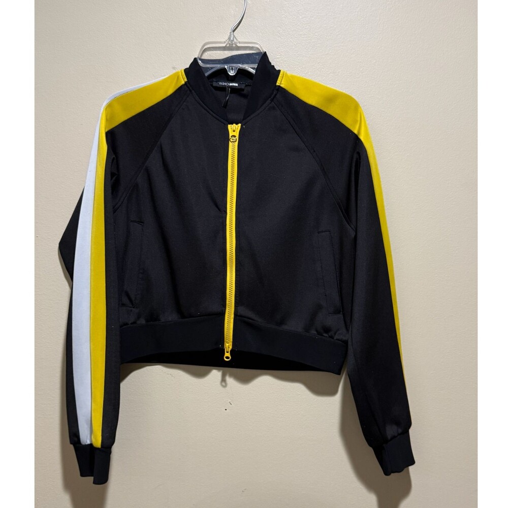 Fashion Nova Black Track Jacket M Striped Sleeve Cropped Zip Up Womens Athletic - Picture 2 of 13